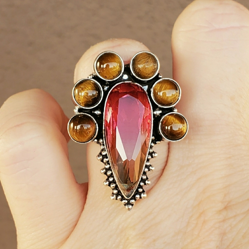 New Bi-Color Tourmaline & Tiger Eye 925 Silver Ring.
